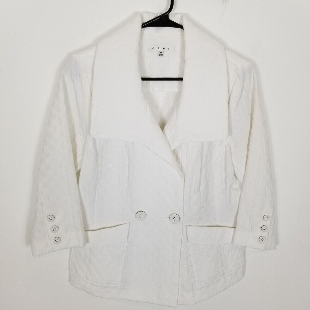 CAbi Women Blazer Jacket Size M White Circle Matelasse Double-Breasted Cotton